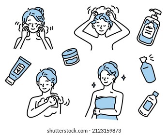 Illustration Of Washing Hair.Cosmetics, Shampoo, Rinse, Beauty, Face Wash, Cream, Emulsion, Lotion.