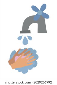 Illustration of washing hands with soap and water. Vector flat style