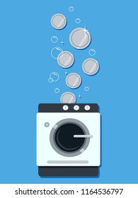 Illustration of a Washing Machine with Coins and Bubbles Going Up. Laundry Business Concept