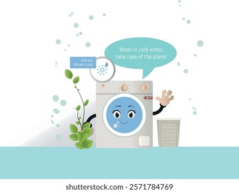 Illustration of a washing machine with an A plus label promoting the use of cold wash cycles to protect the planet, save energy, and conserve water.