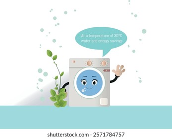 Illustration of a washing machine with a smiling face and an A plus label, promoting water and energy savings by washing at 30 degrees Celsius.