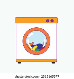 illustration of a washing machine with some clothes inside on a white background.