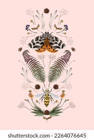 Ilustración con avispa, mariposa, helecho y flores. Vector