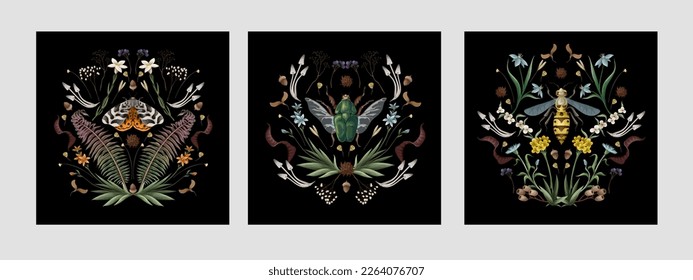 Illustration with wasp, cockchafer, butterfly, fern and flowers. Vector