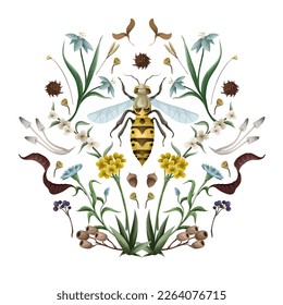 Illustration with wasp,mushrooms and flowers. Vector.