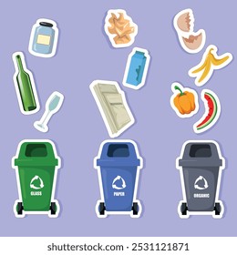 
illustration of waste sorting and recycling.  sorting of paper, glass, organics. waste sorting stickers