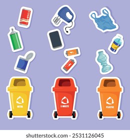 illustration of waste sorting and recycling.  sorting plastic, metal, e-waste.waste sorting stickers