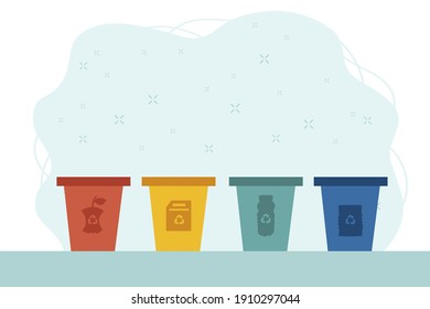 Illustration of waste sorting tanks. Funny trash cans, dumpsters or buckets. Plastic, metal, paper, food waste. Ecology, Land without plastic. Vector illustration