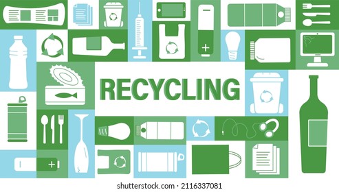 Illustration of waste treatment and sorting in different categories: plastic, paper, e-waste, metal.