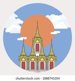 Illustration of Wat Ratchanadda as known as Loha Prasat, another famous tourist attraction in Bangkok, Thailand, with sunshine and cloudy bkue sky.