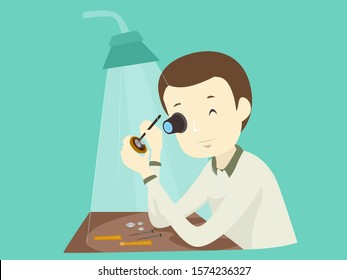 Illustration of a Watch Maker Man Wearing Magnifier Repairing a Watch Using Tweezers