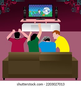 illustration of watching football with family and friends at home, flat design theme suitable for soccer sports illustration, burgundy color