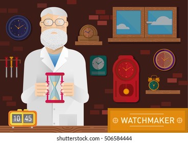 illustration of a watchmaker in the workplace with  clock on the wall