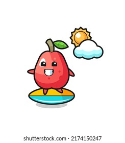 Illustration of water apple cartoon do surfing on the beach , cute style design for t shirt, sticker, logo element