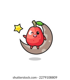 illustration of water apple cartoon sitting on the half moon , cute style design for t shirt, sticker, logo element