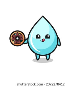 ilustración de un personaje de gota de agua comiendo una rosquilla , diseño de estilo lindo para camiseta, pegatina, elemento logo