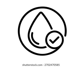 Illustration eines Wassertropfens mit einem Häkchen innerhalb eines Kreises, das Wasserqualität und Reinheit symbolisiert, Vektordesign für Symbole und Symbole, die sich auf Wasser beziehen