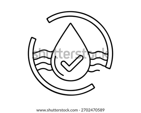 Illustration of a water drop with a checkmark inside a circle, symbolizing water quality and purity vector design for icons and symbols related to water