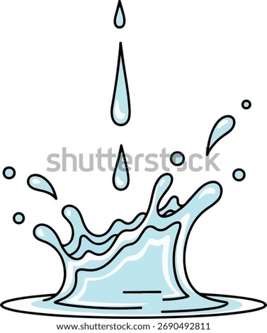 Illustration of a water drop creating a splash with droplets. Clean, simple design with a light blue fill and black outline.
