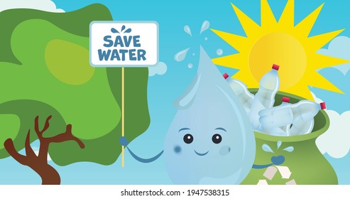 Illustration of water drop holding board with save water text over recycled plastic bottles on blue. environment, global warming and climate change concept digitally generated image. d