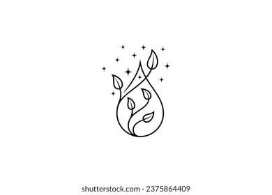Illustration of a water drop line art logo design with a combination of plants decorated with stars