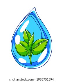 Illustration of water drop and sprout with leaves. Ecology concept for environment protection.
