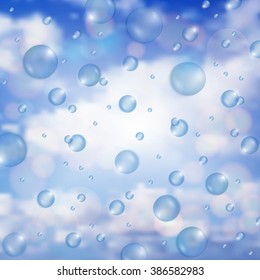 Illustration of water drops with cloudy sky background