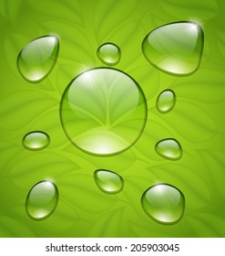 Illustration water drops on fresh green leaves texture - vector