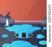 Illustration of water entering a manhole with a pile of garbage