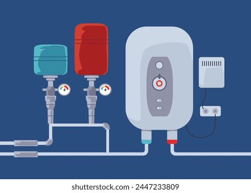 Ilustración de un sistema de calentamiento de agua. Celda eléctrica con tubos, metros, caldera. Instalación de fontanería doméstica inteligente que ahorra energía y dinero. Gráficos de Vector plano para medios de información.