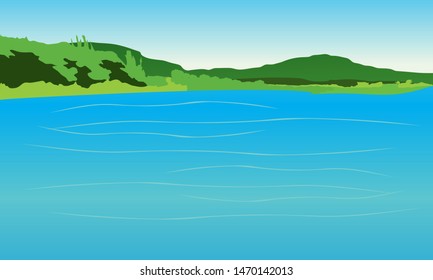 Illustration of the water and land resources. grass, mountains, trees and the lake
