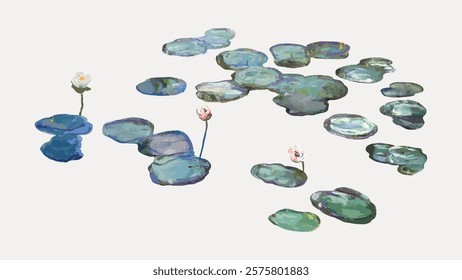 Illustration of water lilies and lily pads. Water lilies with green lily pads. Water lilies in a serene pond. Peaceful water lilies and lily pads floating. Vintage art, isolated vector element.