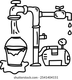 Illustration of water pump faucet and pump machine hand drawing
