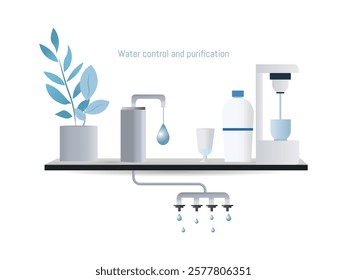 Illustration of water purification and control, featuring filters, faucets, and storage, highlighting the importance of potable and sustainable water.