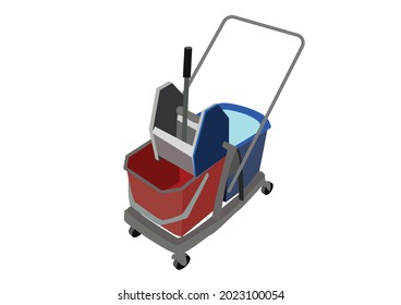 Illustration of water size per mop bucket. mop, water, measure, isometric, bucket, cleaner. Vector flat illustration