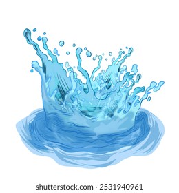 Illustration von Wasserspritzer durch fallende Tröpfchen in blau ohne Hintergrund