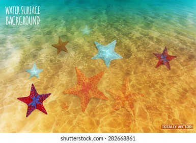 The illustration of water surface with sun reflections- totally vector colorful  image. Ideal lake, sea and ocean texture. 