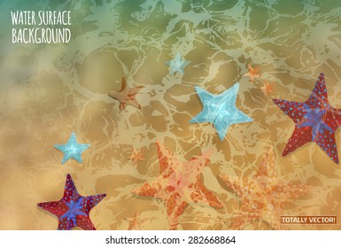 The illustration of water surface with sun reflections- totally vector colorful  image. Ideal lake, sea and ocean texture. 