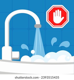 Illustration of a water tap with a stop sign on a blue background