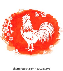 Illustration Watercolor Background with Rooster, Zodiac Symbol of 2017 Year, Blossom Sakura Flower - Vector