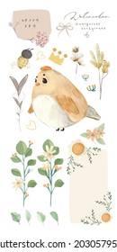 ILLUSTRATION WATERCOLOR BIRD, FLOWER, LEAF AND NATURAL WILD HAND DRAWN SET