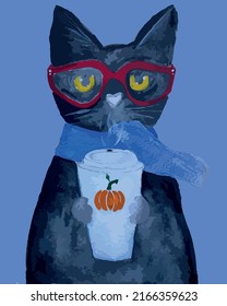 illustration of watercolor black cat, glass, coffee, scarf, glasses