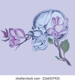 illustration of watercolor black and white skull and pink magnolia flower