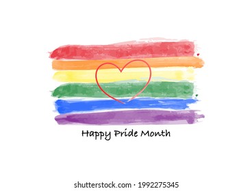 Illustration of watercolor brush painting of rainbow flag and heart. Happy pride month. LGBT, gay, transgender, bisexual, peace symbol.