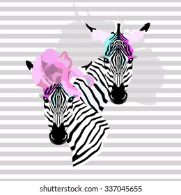  Illustration watercolor colorful couple of  zebras for fashion print, poster textiles  design