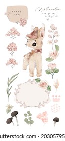 ILLUSTRATION WATERCOLOR DEER, FLOWER, LEAF AND NATURAL WILD HAND DRAWN SET