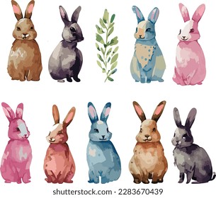 Illustration of watercolor easter bunny collection, Minimalist watercolor easter bunny