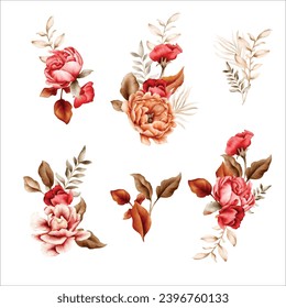 Illustration of a watercolor flower bouquet set branches brown leaves red flowers