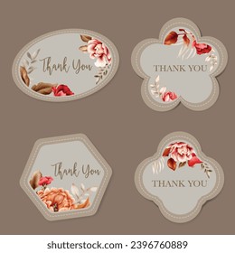 Illustration of a watercolor flower branches brown leaves red flowers label set