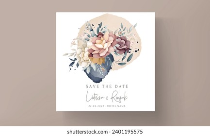Illustration of a watercolor flower branches brown leaves red flowers invitation set